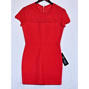 BCBG MaxAzria Myley Pointelle Jewel Red Cocktail Dress Knee Length Lace Top NWT